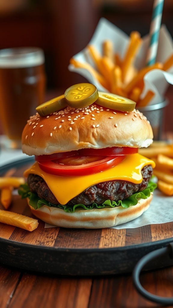 A juicy cheeseburger with lettuce, tomato, and pickles on a wooden table with fries.